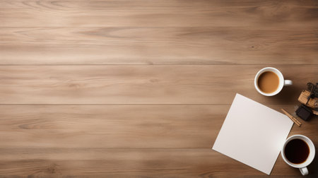 Wooden office desk table with a laptop computer, a cup of coffee, and office supplies. Top view.の素材