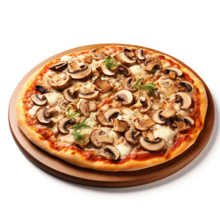 Top view of mushroom and olive pizza on a white background.の素材