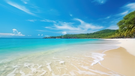 Nature's tropical beauty unfolds on the sandy beach, where the azure sea meets the blue sky in perfect harmony.の素材
