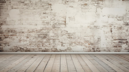 Old interior room with a broken white brick wall and grunge wood floor textureの素材
