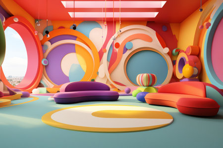 3d rendering picture of colorful circles roomの素材