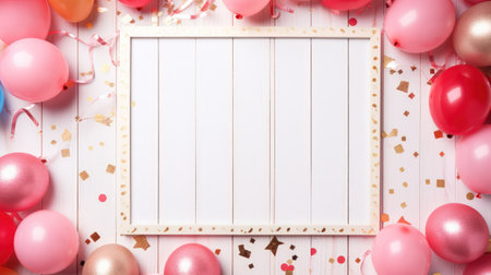 Happy birthday background with party decoration as a frame on a bright pink wooden tableの素材
