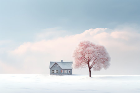 Minimal winter landscape captured in photography with a houseの素材