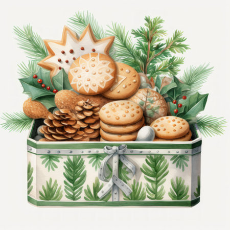 Illustration of a green cookie box filled with delicious cookies.の素材