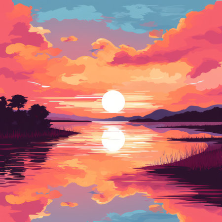 Vibrant sunset over a tranquil lake illustrationの素材