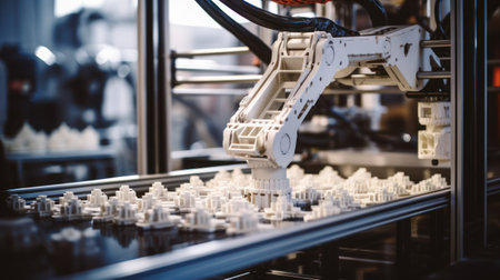 Robot arm inside a bright electronics factory, utilizing printing technology.の素材