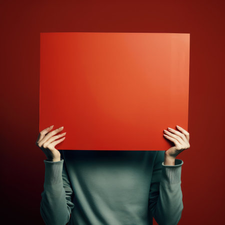 Woman model holding a blank white placard product in a studio with a red background.の素材