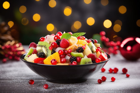 A vibrant and refreshing fruit salad set against a bokeh background.の素材