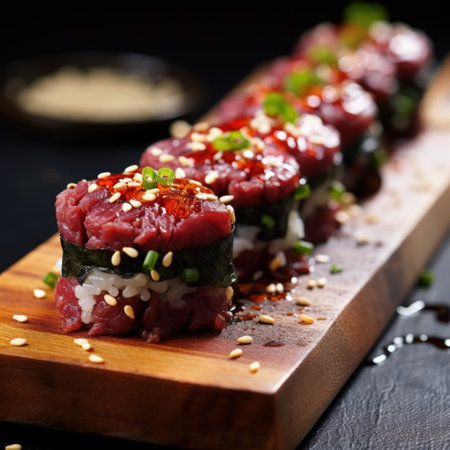 Wagyu beef sushi roll on cutting boardの素材