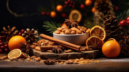 Autumn background with candied oranges, nuts, and spices.Vintage board texture background.の素材