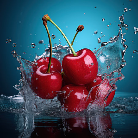 Luscious cherries on a sleek black background,creating a water splashの素材
