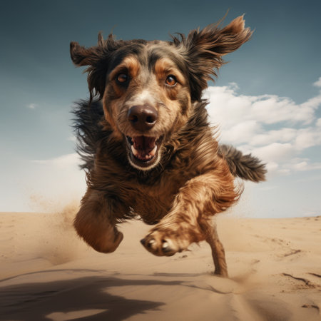 A joyful depiction of a dog running and playing on a sandy beachの素材