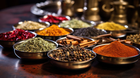 A bounty of herbs and spices arranged in wooden bowls and loose on a wood backgroundの素材