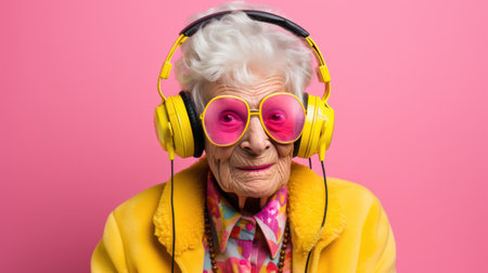 Elderly woman with gray hair wearing headphonesの素材