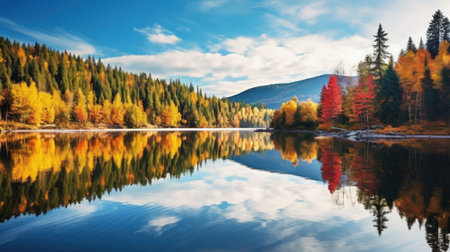 A breathtaking scene unfolds as the vibrant hues of autumn adorn the forest, reflecting in the tranquil waters belowの素材