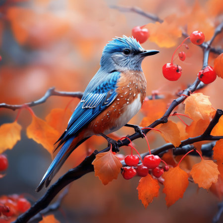 A cute Red and Blue Birds Perched on a Branch in Autumnの素材