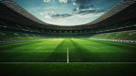 Wide-angle view of the lawn in a soccer stadium.の素材