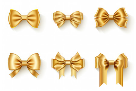 Collection of gold ribbons on a white backgroundの素材