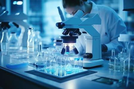 The scientist is working with a microscope in the laboratoryの素材