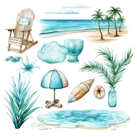 A set of watercolor beach elements.の素材