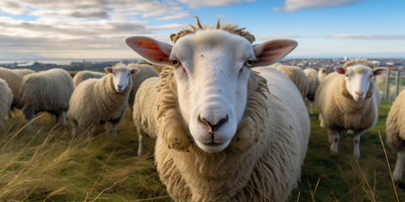 Sheep gazing at the camera amidst a flock, set against the backdrop of the sky.の素材