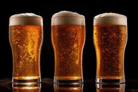 Variety of beer glasses arranged on a rustic wooden table.の素材