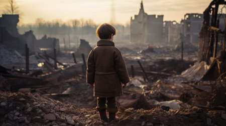 Child stands in front of the ruins destroyed in the war.の素材
