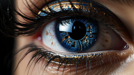 Close-up of an eye with tech reflectionの素材