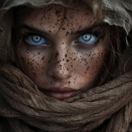 A woman with captivating spice blue eyes, adding a mesmerizing allure to her gazeの素材