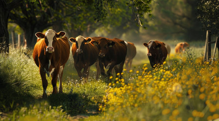 Cattle walking along a trail, their hooves stirring up dust as they move forwardの素材