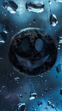 Illustration of a dark smiley face black emoji with rain drop and blue backgroundの素材