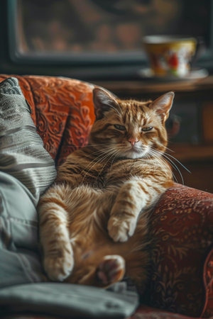 A tabby cat is lying relaxed on a red chairの素材