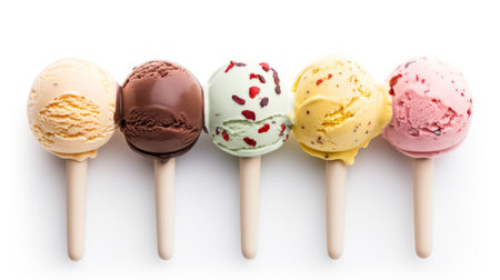 Set of various ice cream balls or scoops Vanilla, strawberry, chocolate and caramel flavorの素材