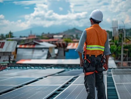 Engineer wearing a white helmet and vest, installing rooftop solar panels, contributing to sustainable energy initiativesの素材