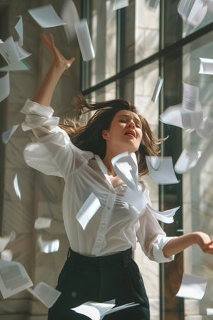 A white woman throws papers, papers flying aroundの素材