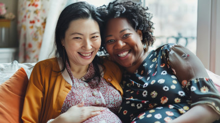 A close-up depicts a pregnant woman smiling happily next to her partnerの素材