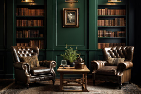 A room with two leather chairs and a wooden table. The chairs are facing each other and the table is in between them. The room has a vintage feel to it, with a map on the wallの素材