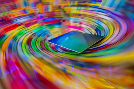 Close-up of a credit card resting on a keyboard, the webpage blurred into a swirl of colorful product images.の素材
