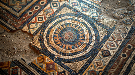 A mosaic floor with a large circle in the middle. The circle is surrounded by smaller circles and squaresの素材
