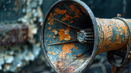A close-up of a cracked and rusty megaphone, symbolizing outdated communication methods in the office.の素材