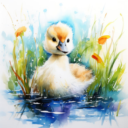 A watercolor painting white swan with its wings outstretched glides gracefully across a still lake.の素材