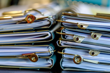 A stack of papers with a metal clip on top. The papers are piled on top of each otherの素材