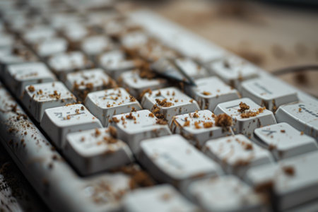 Close-up of a keyboard covered in crumbs and coffee stains, hinting at desperation to work while feeling unwell Blur the office environmentの素材