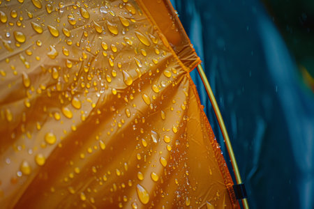 A tent is covered in raindrops and the rain is falling on the tentの素材