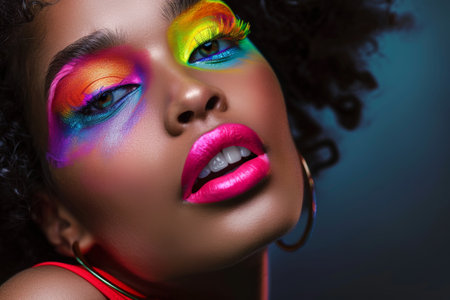 A woman with colorful makeup on her face. The makeup is bright and bold, and the woman's face is the main focus of the image. The colors of the makeup are vibrant and eye-catchingの素材