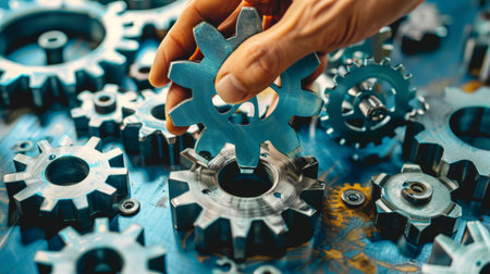 A hand assembling interconnected gearsの素材