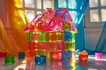 A colorful house made of plastic blocks. The house is made of many different colors and is very tallの素材