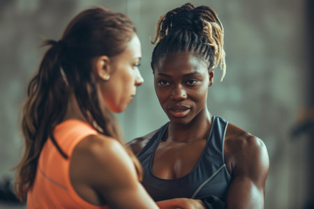 Two women are talking to each other in a gym. One of them is wearing an orange tank topの素材