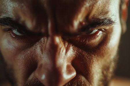 A man with a scruffy beard and a furrowed brow. He is looking at the camera with a look of anger and frustrationの素材