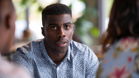 A man with a black beard and a white shirt is talking to someone. He is wearing a black tieの素材